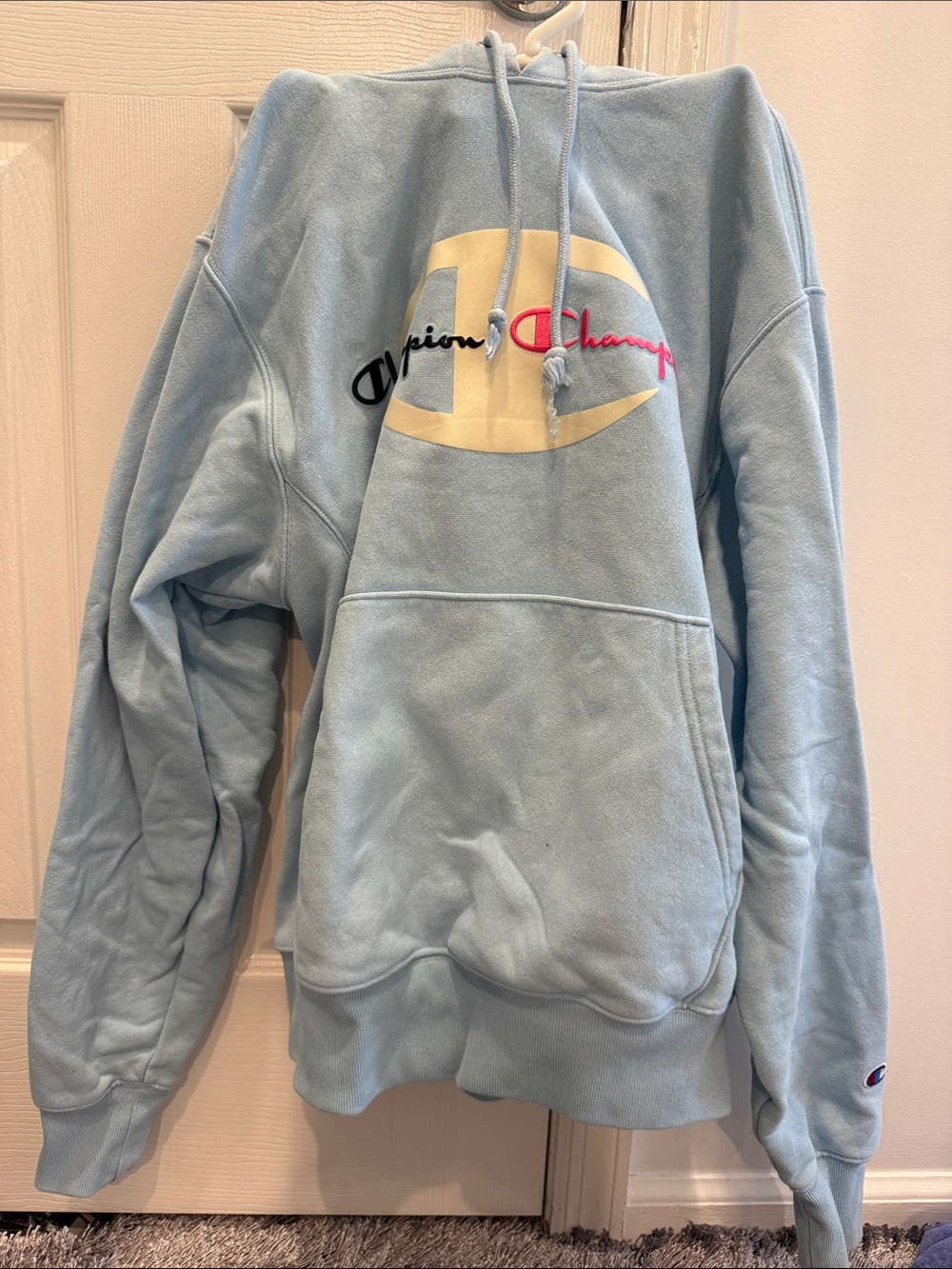Champion Pastel Blue Logo Pullover Hoodie. Size small